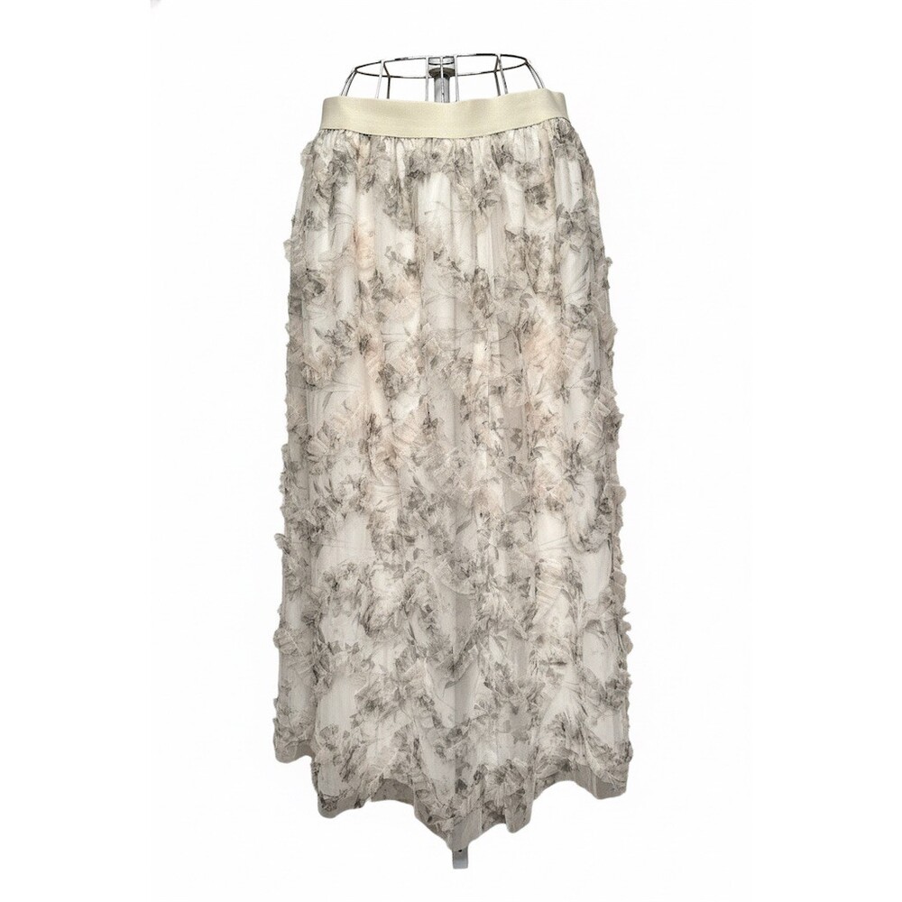 In February Skirt Womens Size L cream w Green Floral 3D Overlay Maxi Fully Lined - Picture 2 of 5